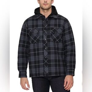 Men's Plaid Fleece Flannel Shirt with Blackhood and Drawstrings Size Medium